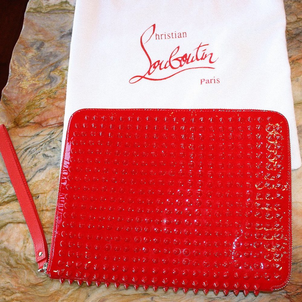 CHRISTIAN LOUBOUTIN $1,000 Red Spikes Clutch Bag Wristlet Tablet Case Like New!